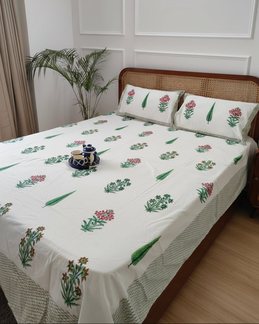 Vasantika olive rose pure cotton bedsheet – front view