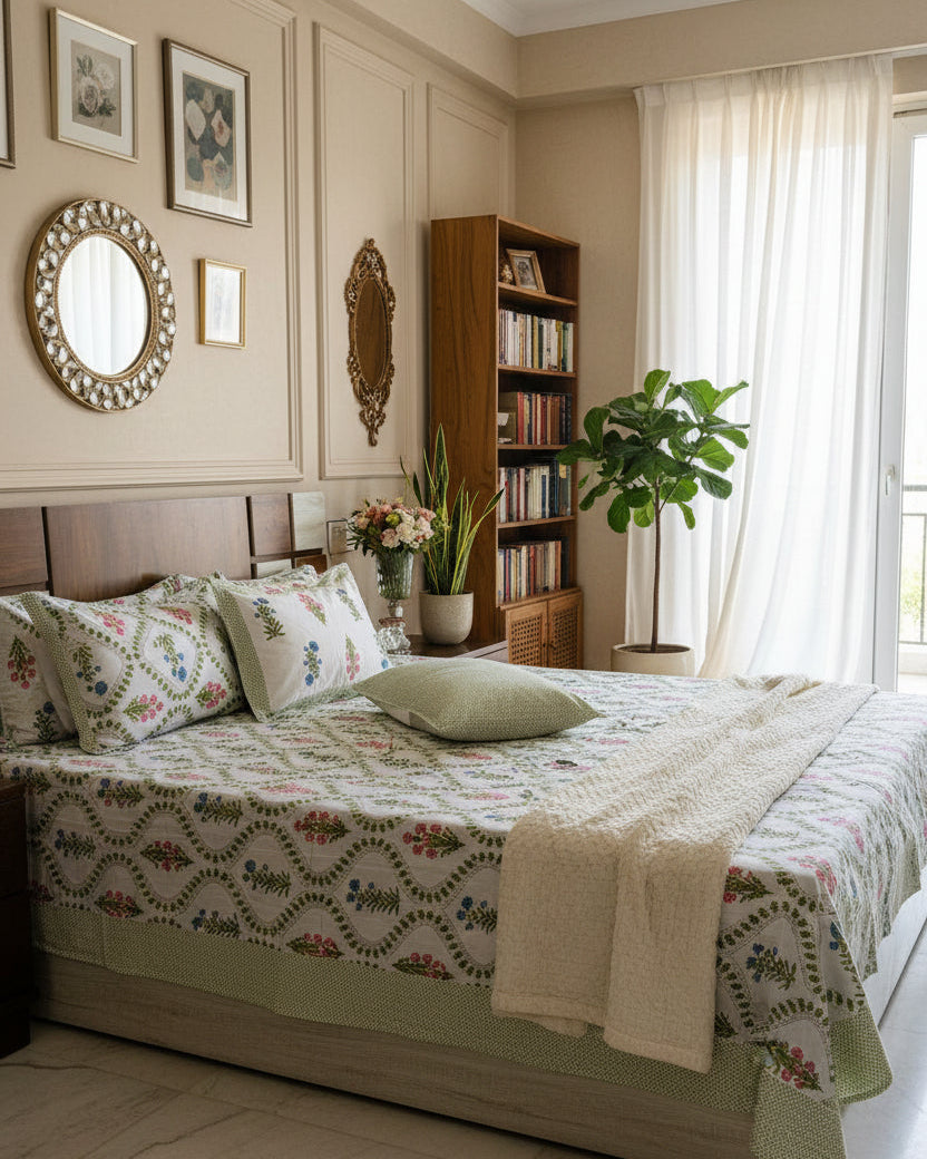 Vasundhara - Everyday Cotton Bedsheet | Green Pink