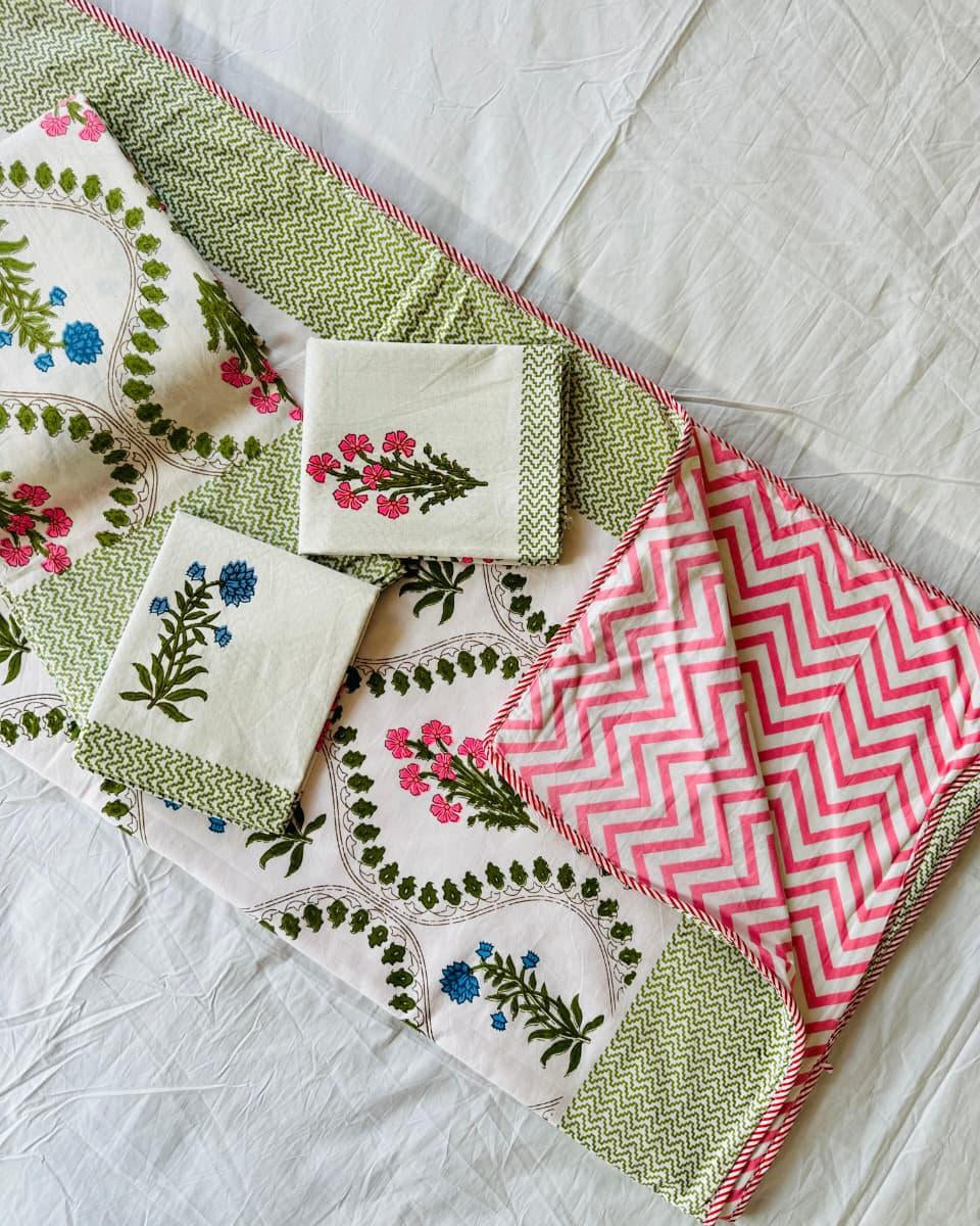 Vasundhara green pink botanical reversible mulmul cotton dohar – alternate view