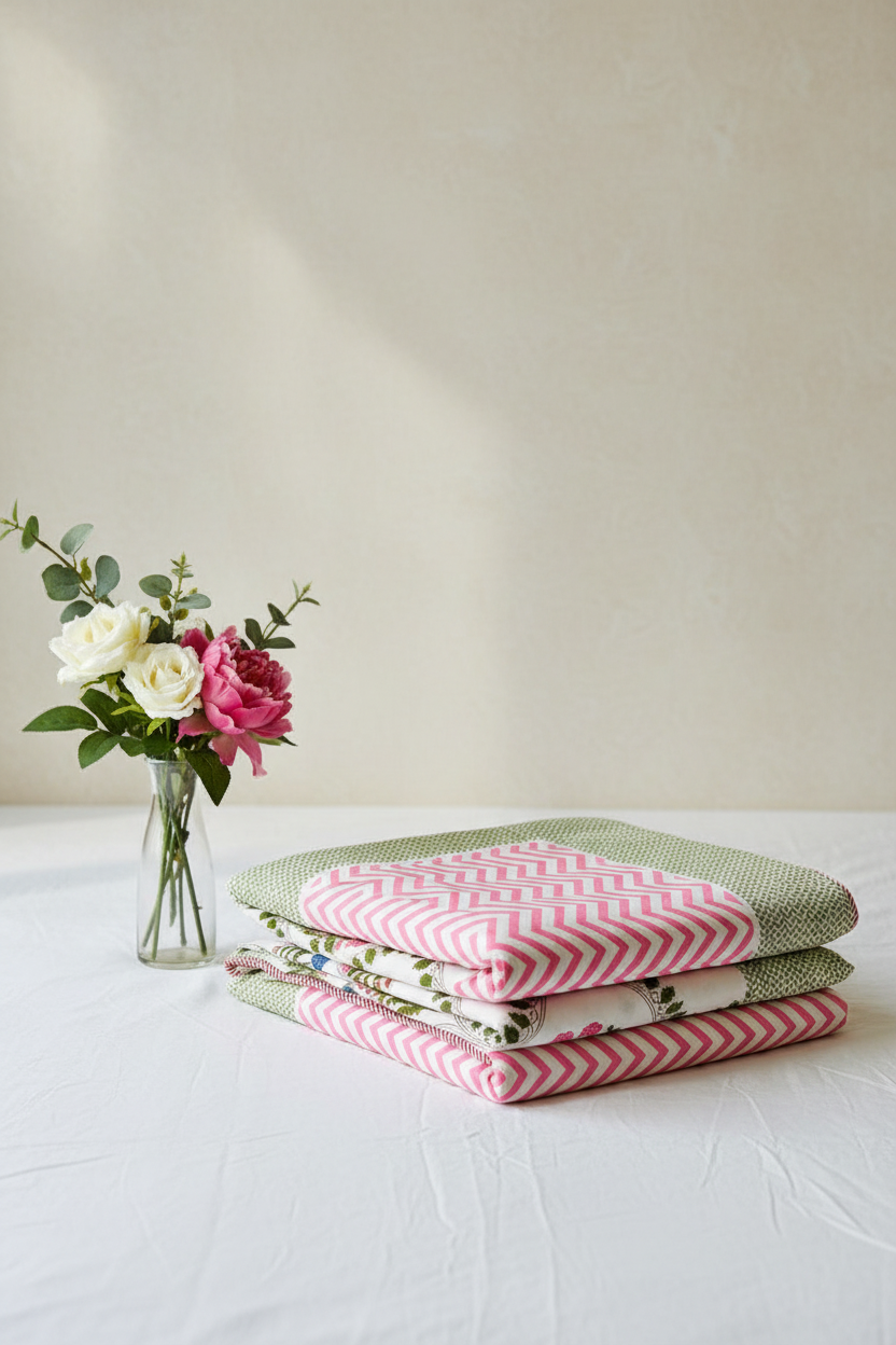 Vasundhara green pink botanical reversible mulmul cotton dohar – fabric close-up