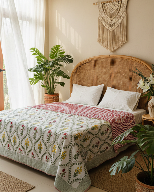 Vasundhara - Reversible Cotton Mulmul Dohar | Green Red