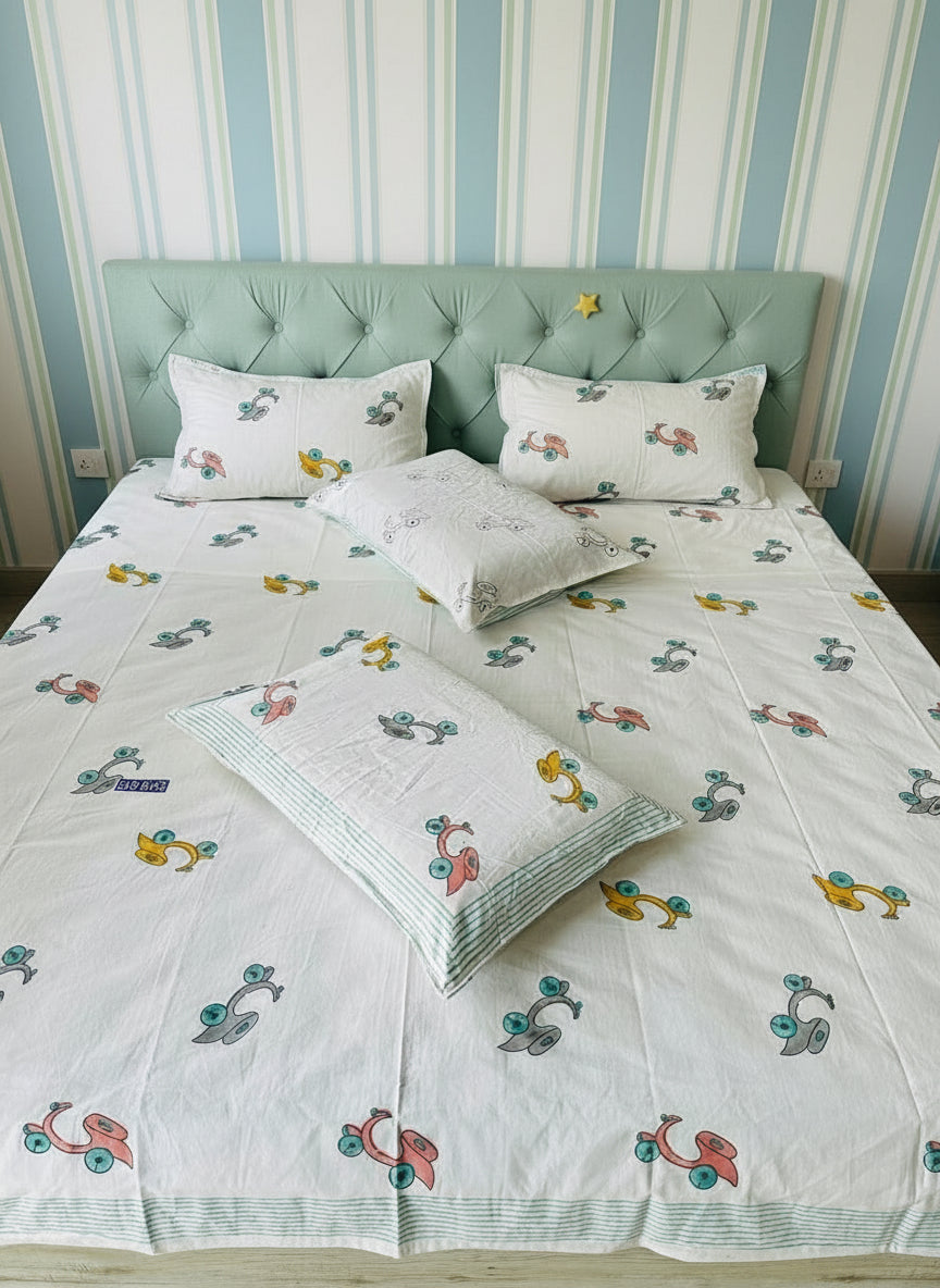 Vroom - The Scooty Bedsheet | Hand Block | Soft Fine Cotton