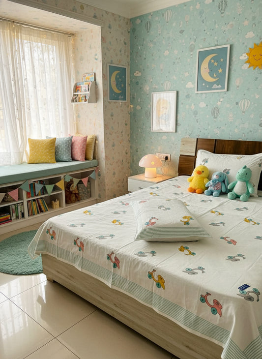 Vroom - The Scooty Bedsheet | Hand Block | Soft Fine Cotton