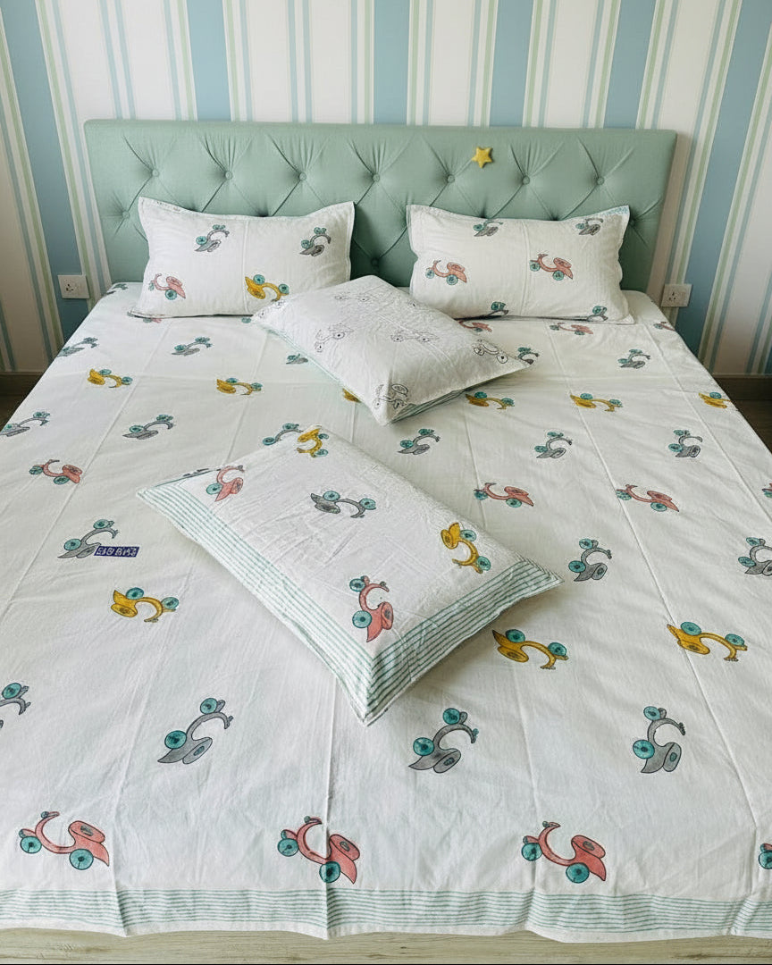 Vroom white striped hand block pure cotton kids bedsheet – styled on a bed