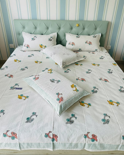 Vroom white striped hand block pure cotton kids bedsheet – styled on a bed