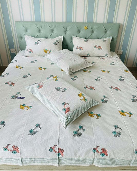 Vroom hand block Soft Fine Cotton kids bedsheet – styled view