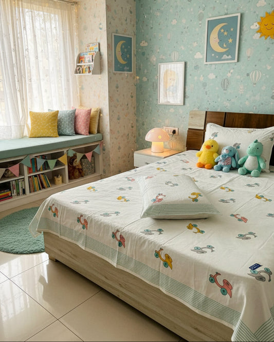 Hand block scooter print kids cotton bedsheet on white with a teal striped border
