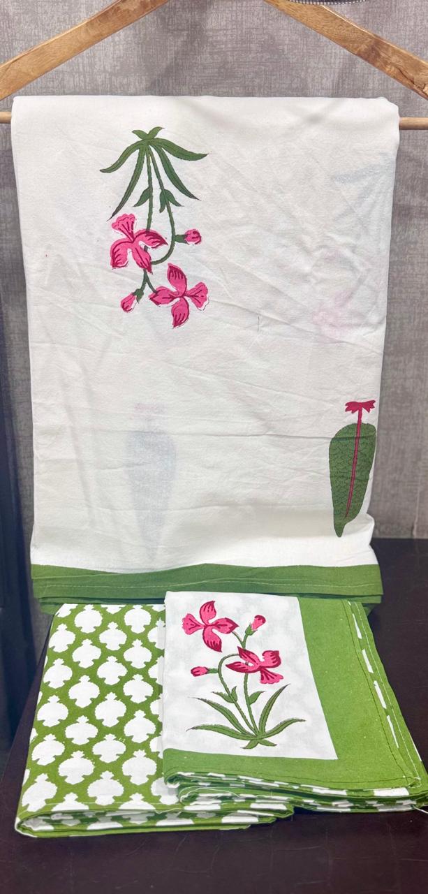Pushpita - The Flower adorned Bedsheet |Everyday Cotton | Green