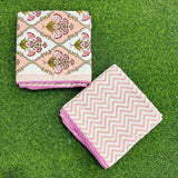 Coral and pink floral bouquet reversible mulmul cotton dohar with a pink chevron reverse