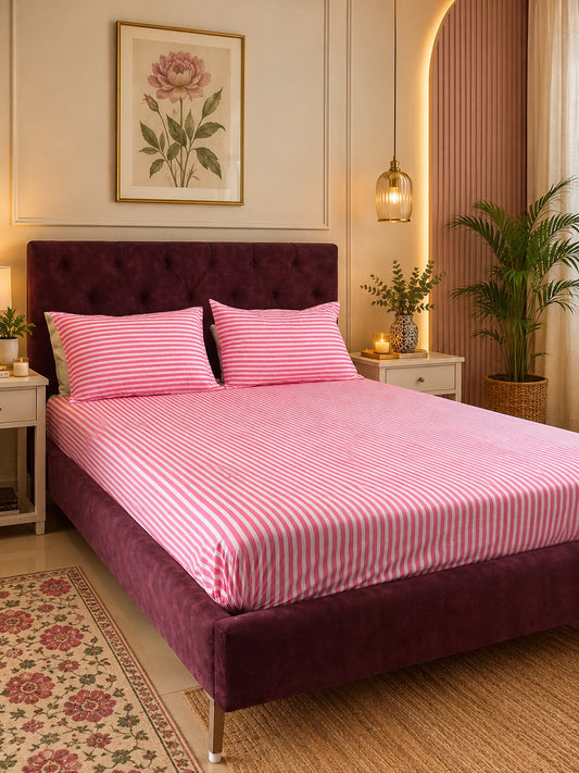 Stripe Sutra- Percale Cotton Bedsheet | Hand Block | Hot Pink