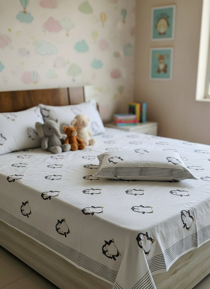 Pingu - The Penguin Bedsheet | Hand Block | Soft Fine Cotton