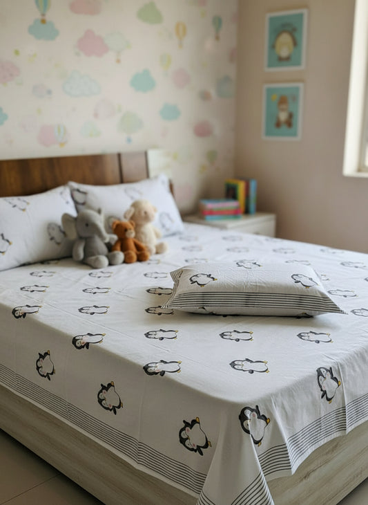 Pingu - The Penguin Bedsheet | Hand Block | Soft Fine Cotton