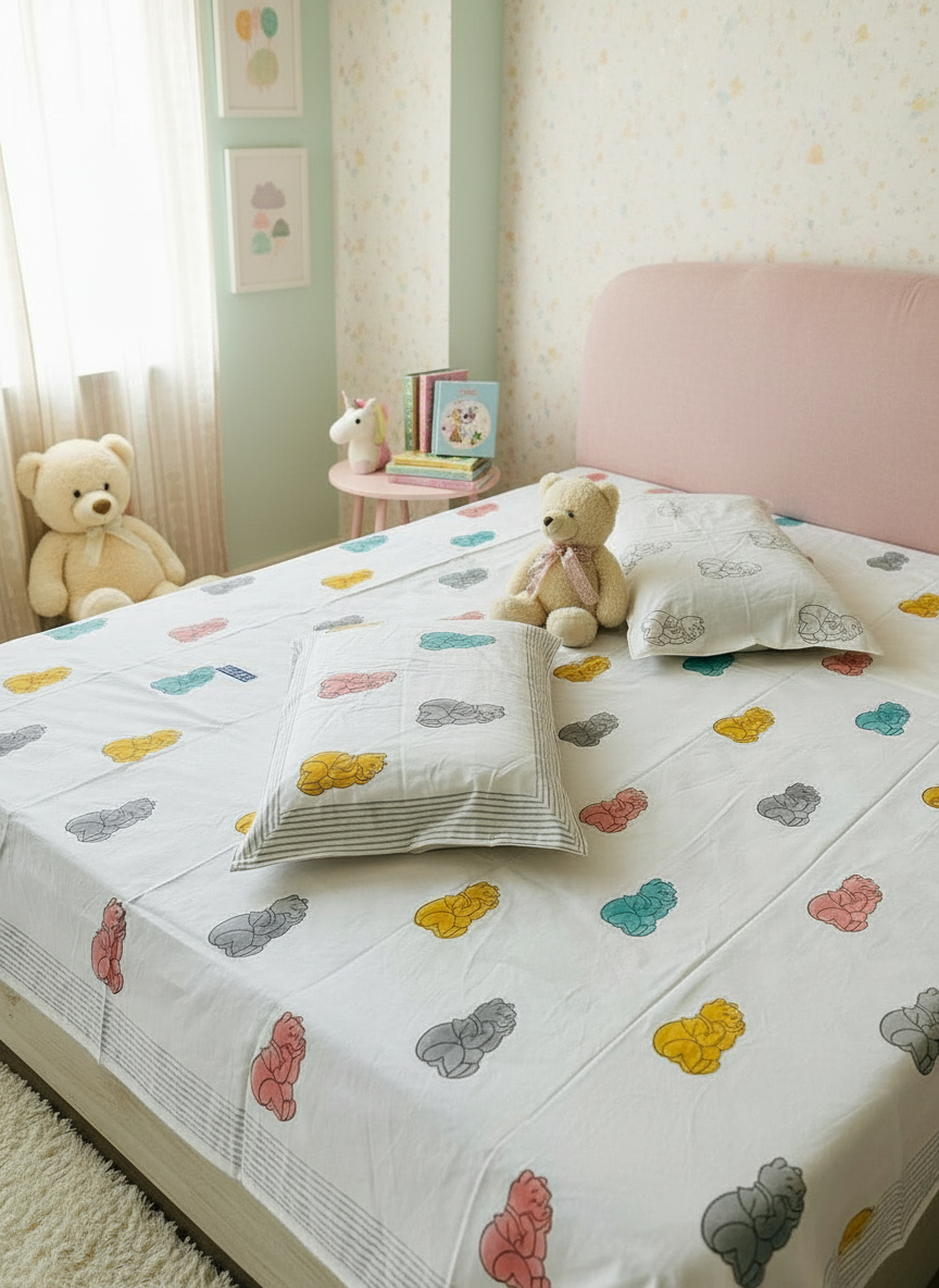 Bhalu - The Gummy Bear Bedsheet | Hand Block | Soft Fine Cotton