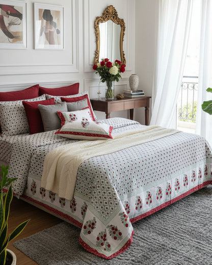 Red and sage green jaal print cotton bedsheet on a beige tufted bed with reversible pillow covers