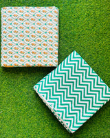 Teal jaal lattice with mustard gold florets reversible mulmul cotton dohar with a teal chevron reverse