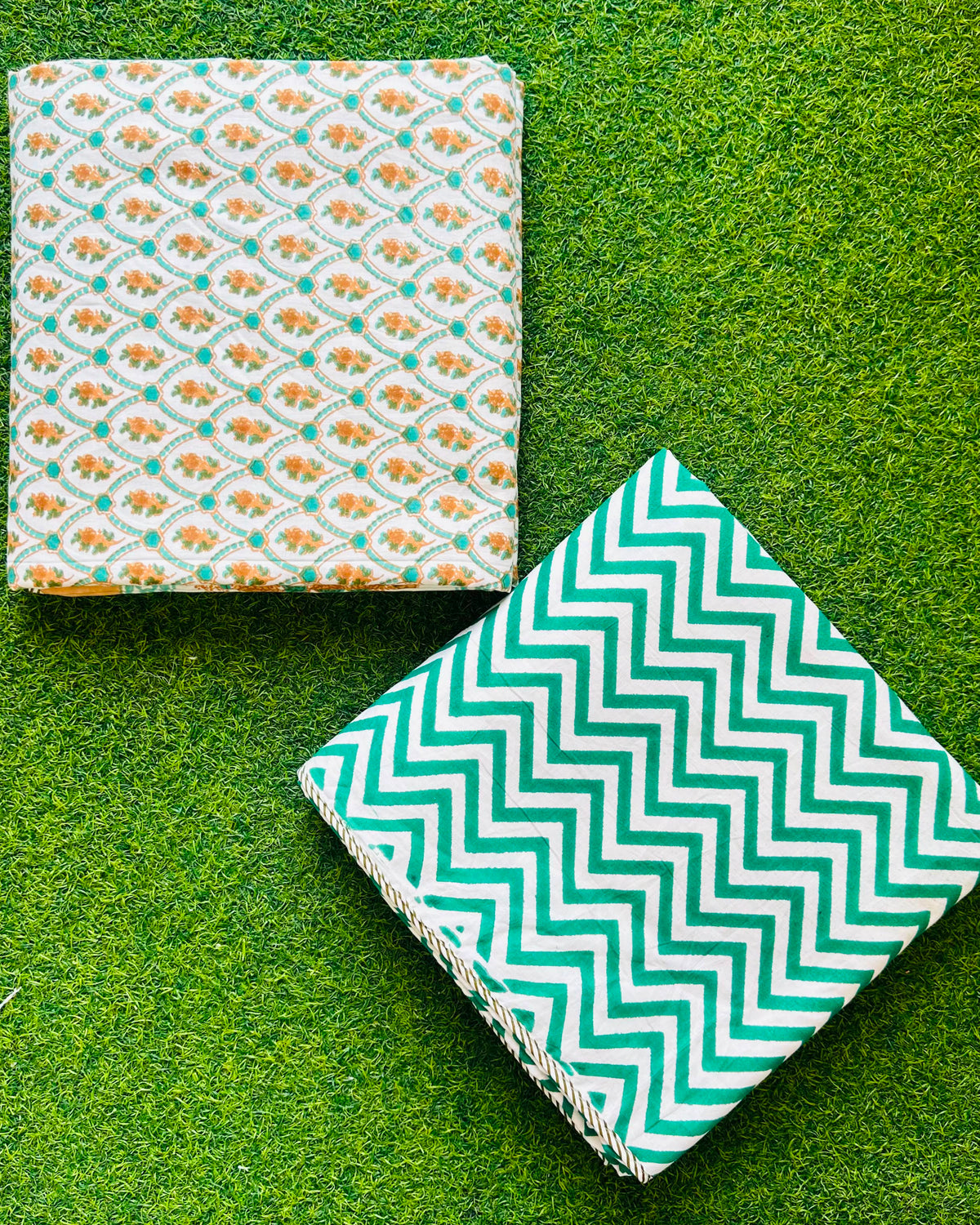 Teal jaal lattice with mustard gold florets reversible mulmul cotton dohar with a teal chevron reverse