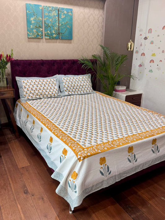 Zareen - The Golden glow Bedsheet | Hand Block | Luxe Cotton
