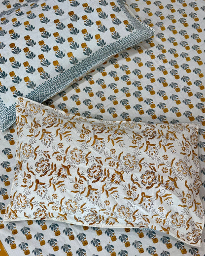 Zareen mustard hand block pure cotton bedsheet – pillow cover detail