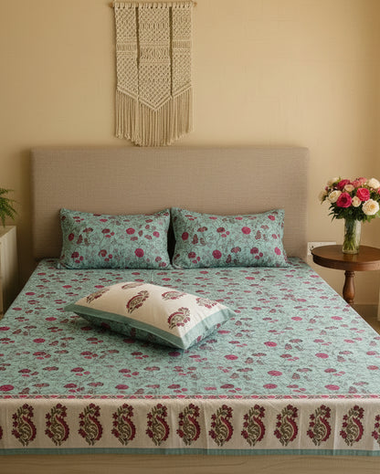 Anvita blue floral pure cotton bedsheet – front view