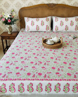 Anvita grey floral pure cotton bedsheet – styled on a bed