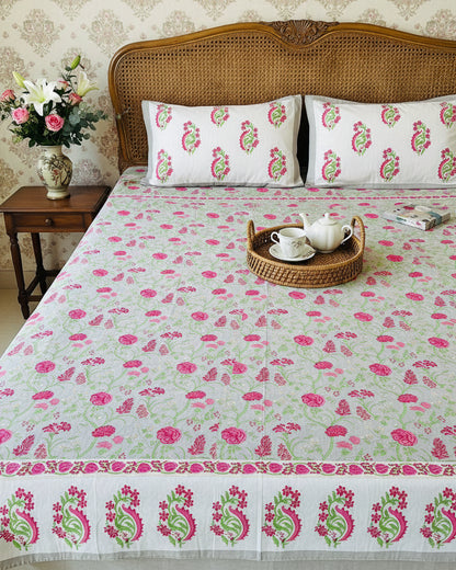 Anvita grey floral pure cotton bedsheet – styled on a bed