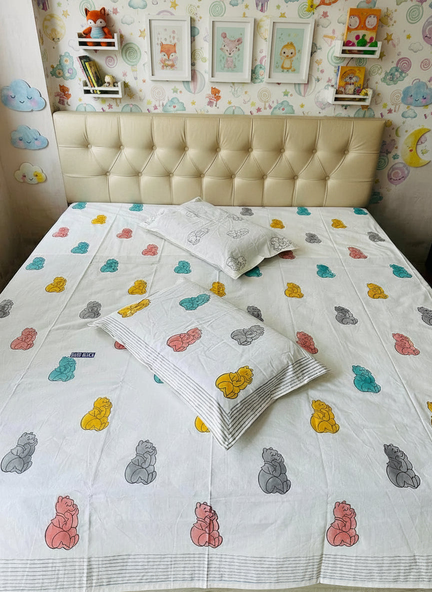 Bhalu - The Gummy Bear Bedsheet | Hand Block | Soft Fine Cotton