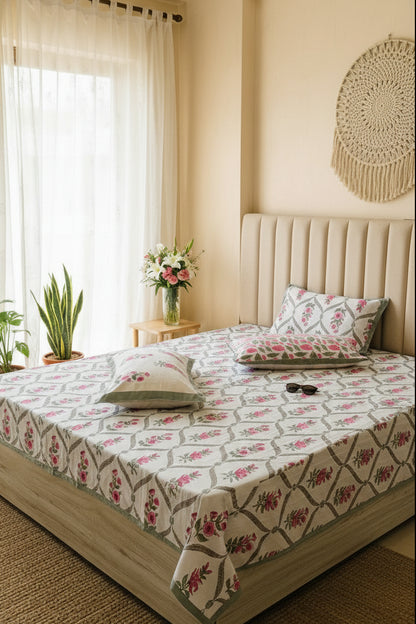 Bougainvillea pink floral pure cotton bedsheet – front view