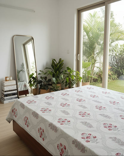 Fiza grey medallion pure cotton bedsheet – styled on a bed
