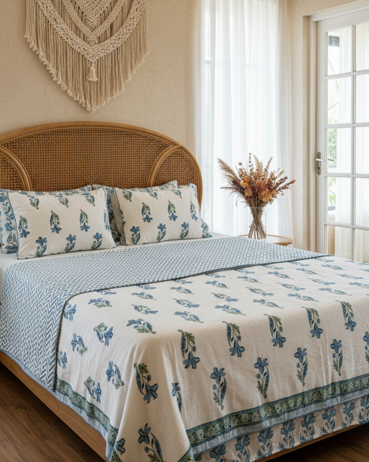 Mridula -  Reversible Cotton Malmal Dohar | Blue