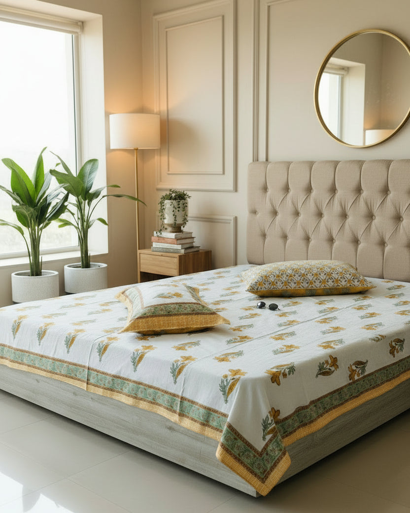 Bed with floral patterned bedspread and pillows in a room.