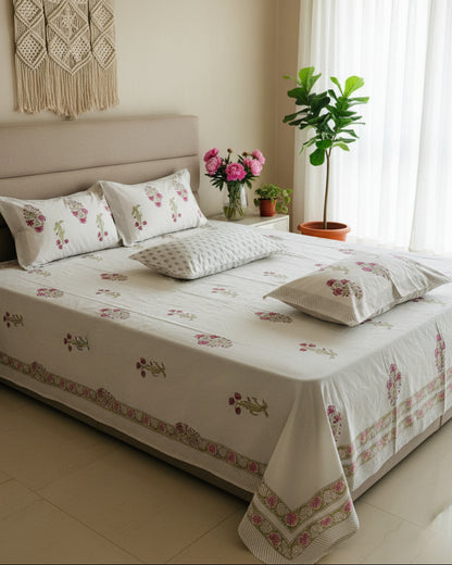 Nazneen hand block Everyday Cotton Jumbo King bedsheet – styled view