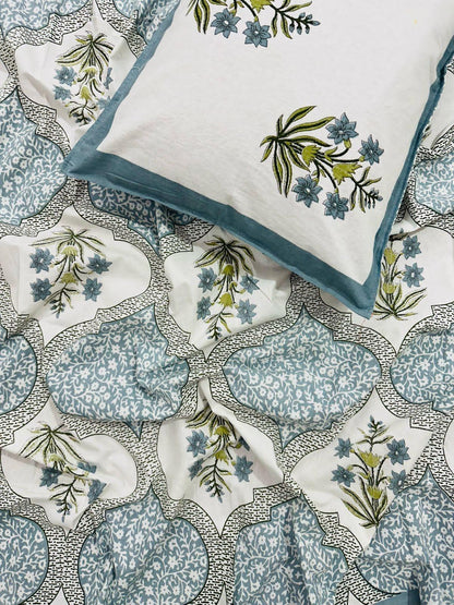 Powder blue Mughal ogee cotton bedsheet folded with matching pillow cover