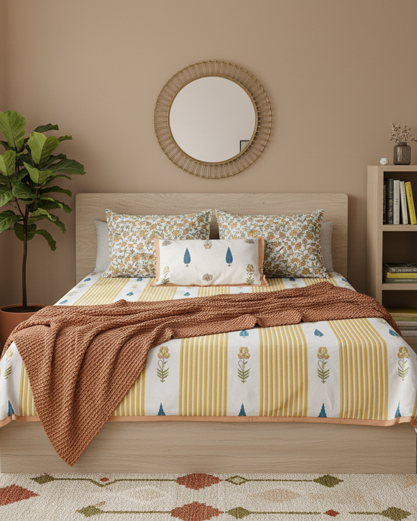 Bedroom with a bed featuring a floral yellow bedsheet. A round mirror and bookshelf are visible on the wall.