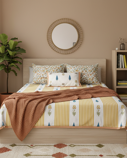 Bedroom with a bed featuring a floral yellow bedsheet. A round mirror and bookshelf are visible on the wall.