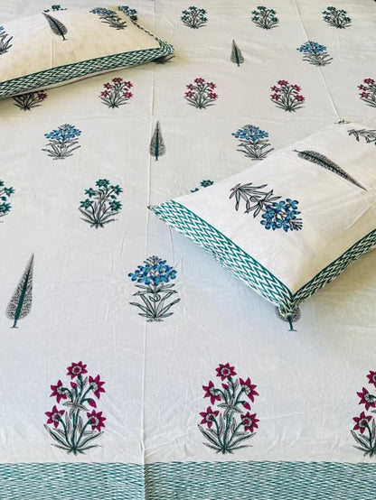 Vasantika green floral pure cotton bedsheet – pillow cover detail