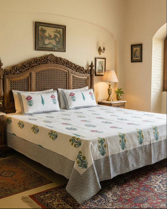 Bed with floral patterned bedspread and pillows in a room.