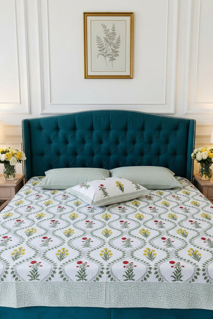 Vasundhara green red floral pure cotton bedsheet – fabric close-up